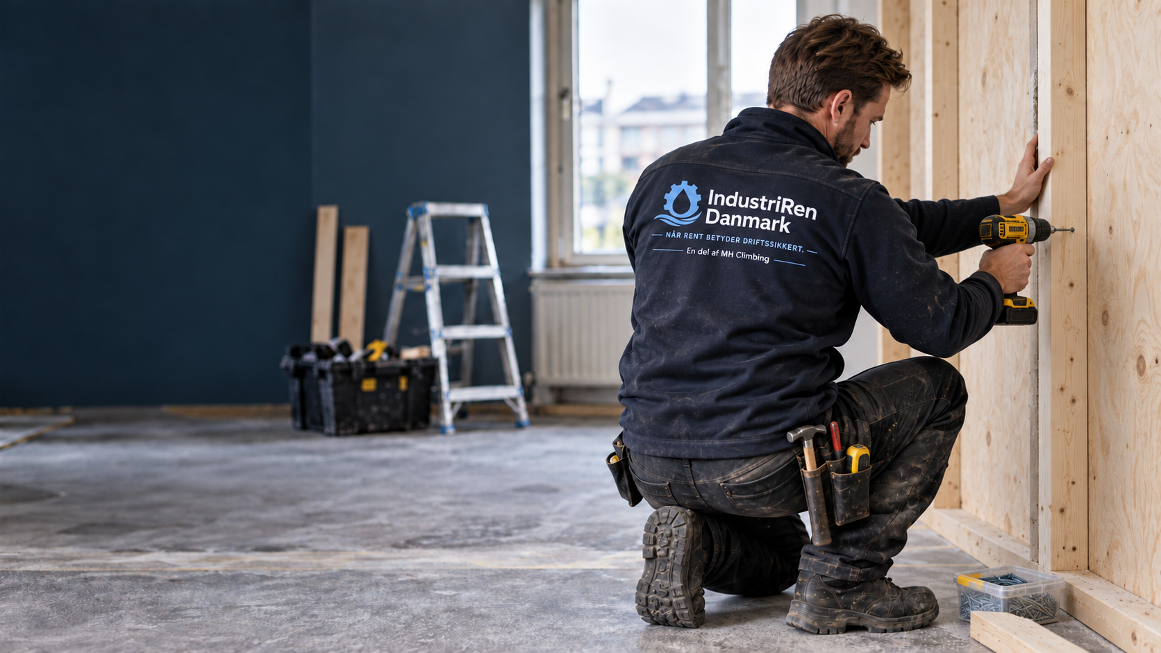 Tømrer i arbejdstøj med IndustriRen Danmarks logo monterer en væg