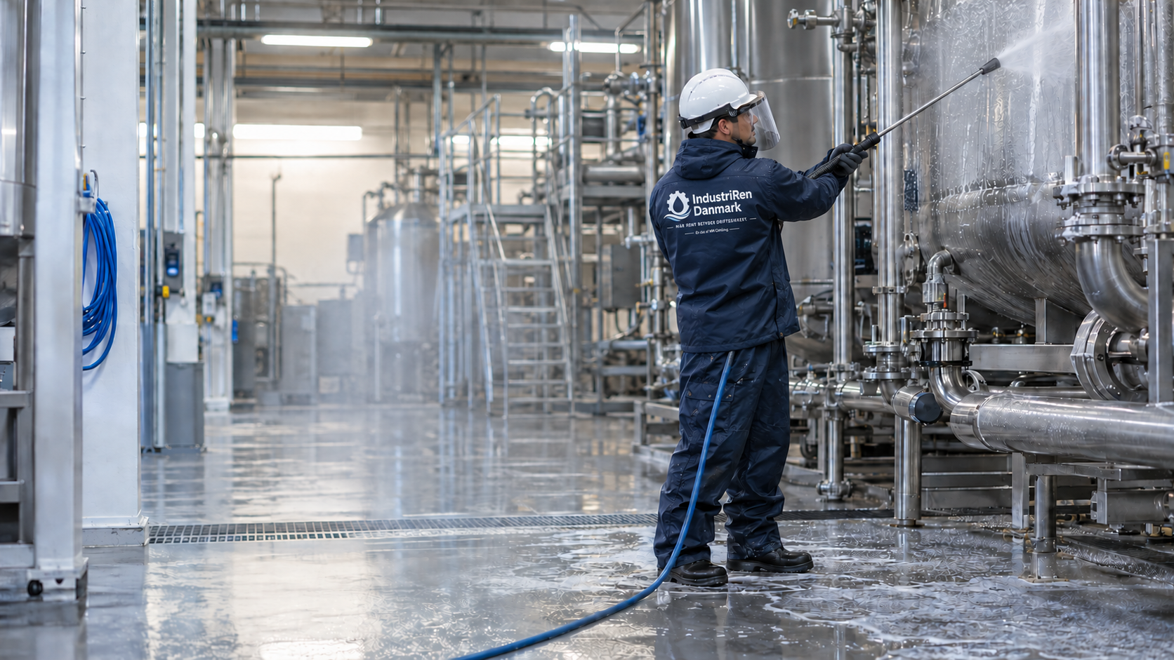 Medarbejder med IndustriRen Danmarks logo rengør tekniske installationer